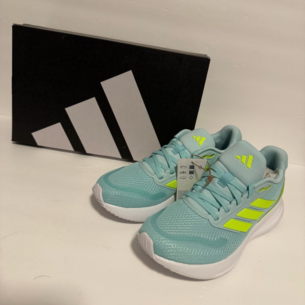 Brand new in box Adidas Run Falcon 5 Light Blue/Aqua Sneakers w/Bright Yellow